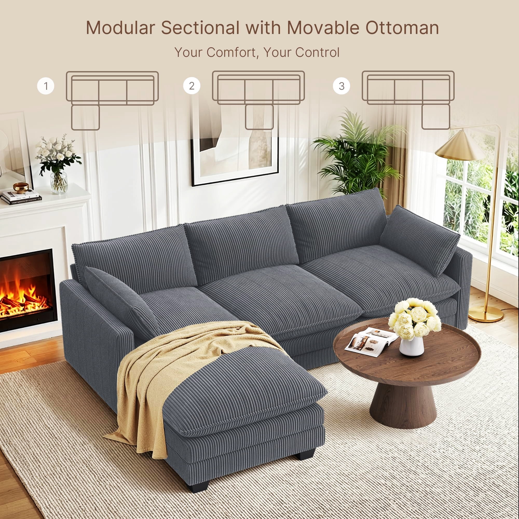 110.2" Cloud Sectional Couch with L-Shape Chaise,Lofka Modern Modular Sofa with Deep Seat, Upholstered Couches for Living Room Bedroom, Gray (Plush Corduroy Fabric)