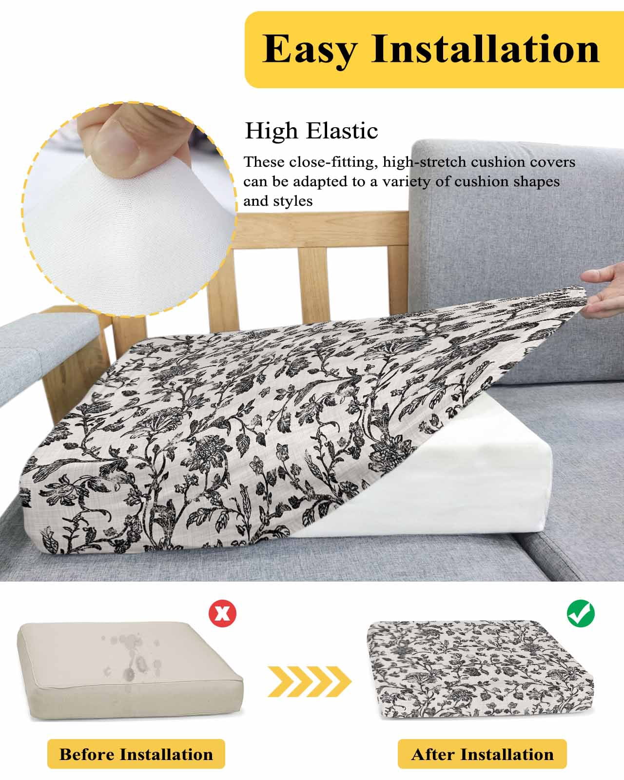Farmhouse Black Couch Cushion Covers Stretch, Washable Sofa Seat Covers Individual Seat Cushion Sofa Slipcovers Vintage Flower Leaf Botanical Plant Couch Cover Furniture Protector S-3PCS