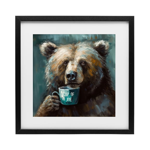 Stupell Industries Farmhouse Bear with Cup Of Joe Black Framed Print Under Glass, 13 x 13, by Tina LeCour