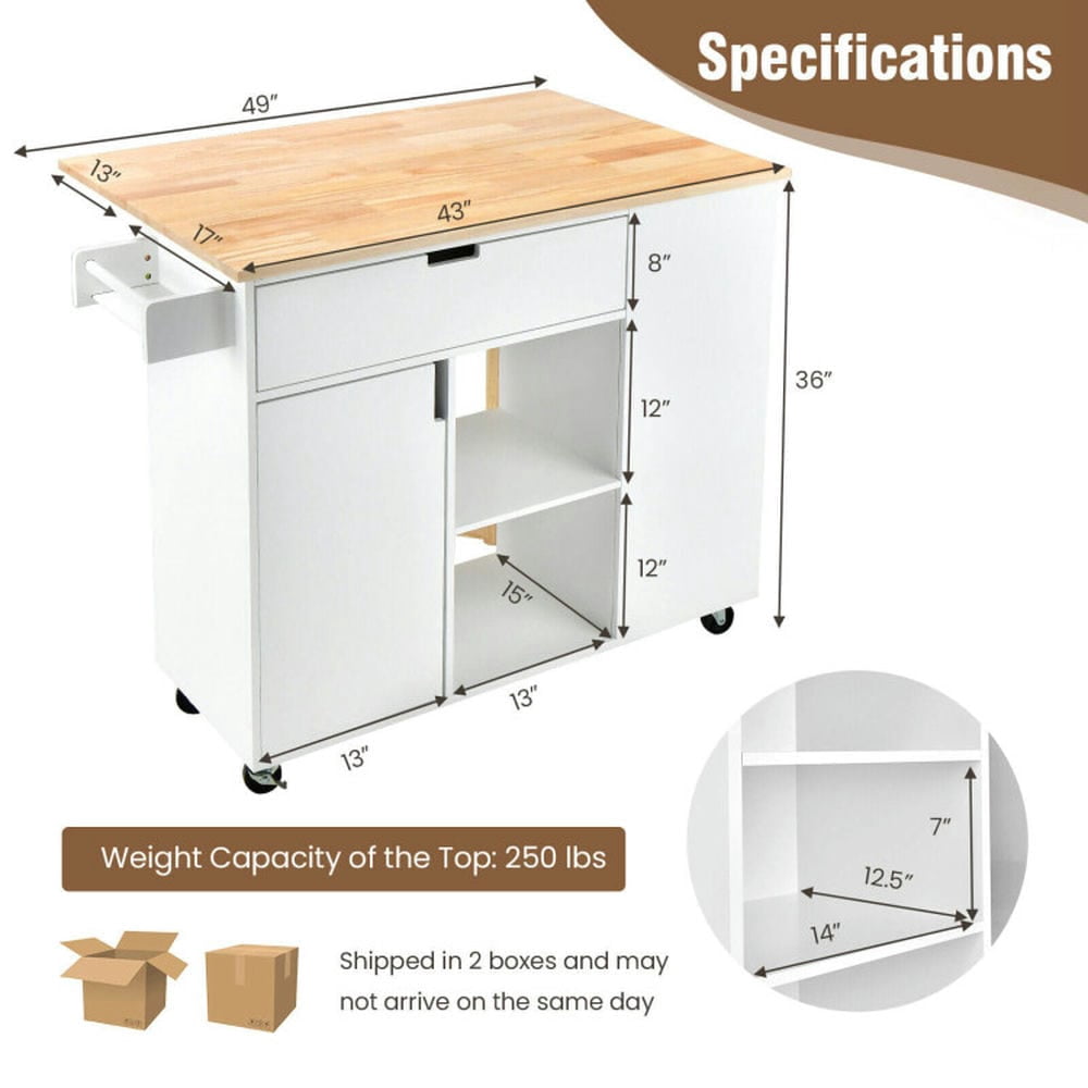 Canddidliike Drop-Leaf Kitchen Island with Rubber Wood Top-White, Kitchen Island, Kitchen Storage Cabinets for Kitchen,Dinning Room