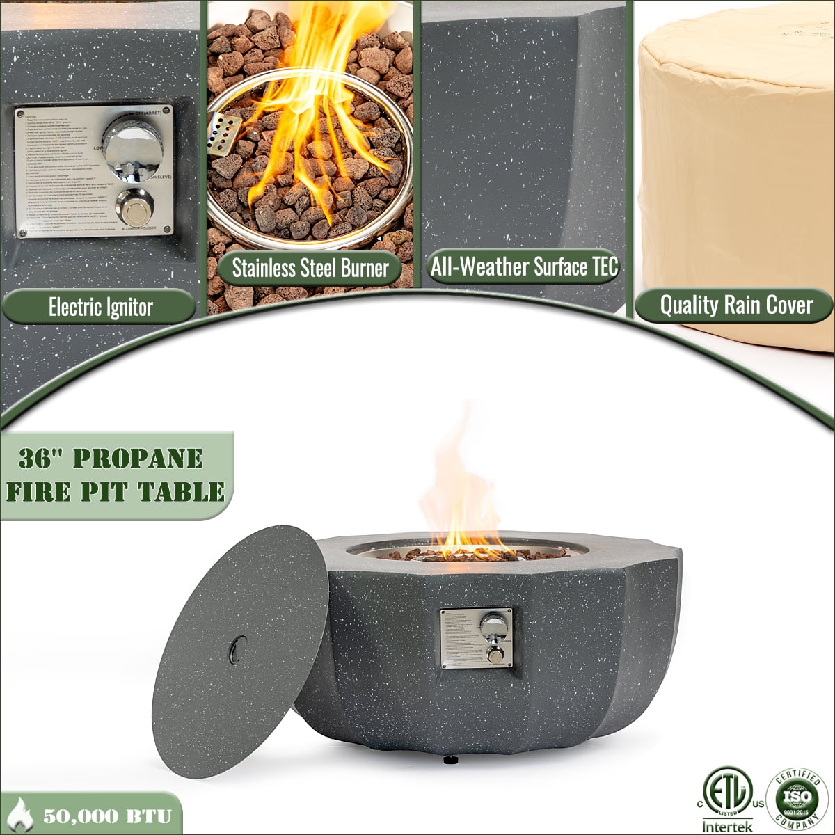 Harper & Bright Designs 36" Outdoor MGO Propane Fire Pit, 50000 BTU, Patio Round Gas Fire Pit with Lid and Lava Rocks, Concrete Firepit with Rain Cover for Garden Backyard, Light Gray