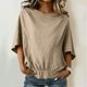 thumbnail image 2 of Camisas de Manga Larga para las Mujeres Suelto Ajuste Plisado Lino Cuello en V Cuarto Superior Manga de Moda de Color Sólido Blusa, 2 of 9