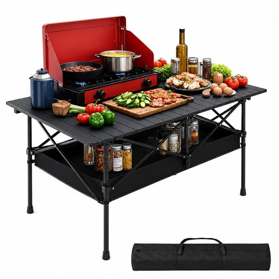 Adjustable Aluminum Camping Table, Portable Foldable Lightweight Folding Camping Table for Cooking, Black