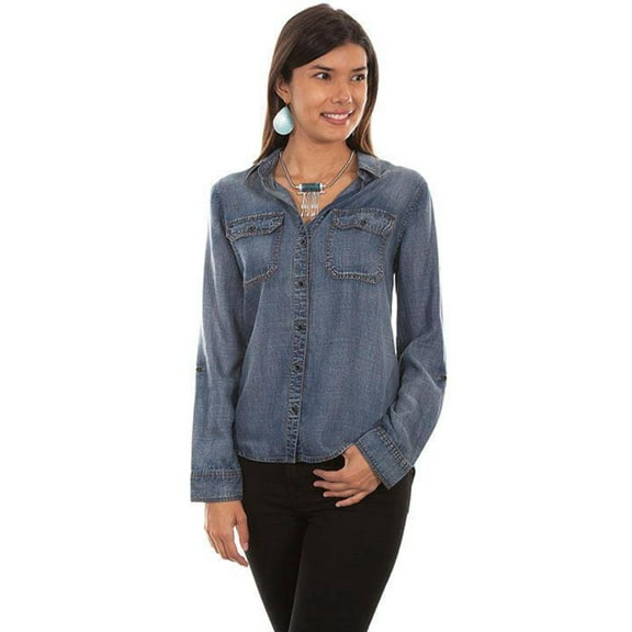Scully Womens Denim 100% Cotton Hi/Lo Casual L/S Blouse S
