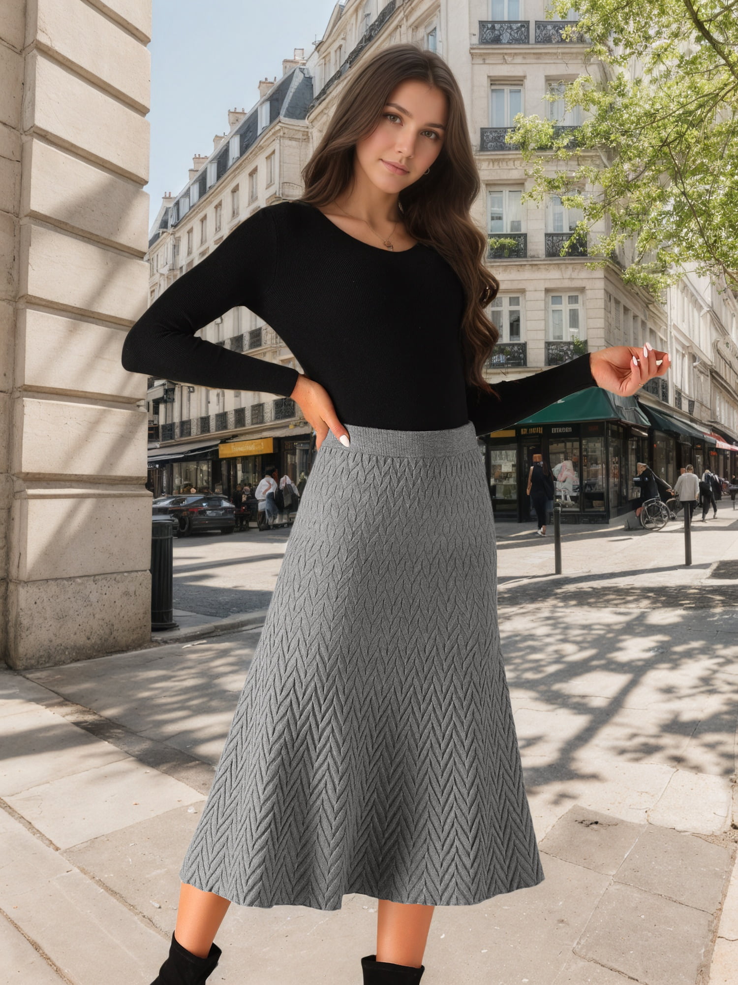 DARING DIVA Women's A-Line Skirts Stretchy Sweater Midi Skirt M Grey