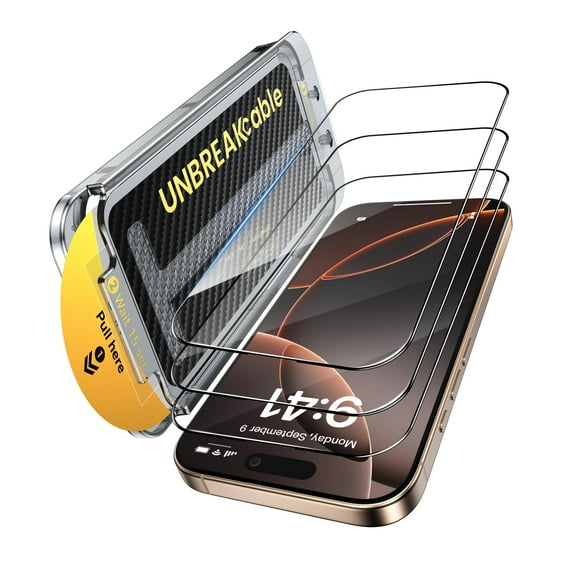 Protector de pantalla UnbreakCable para iPhone 16 Pro Max, paquete de 3 unidades, vidrio 9H