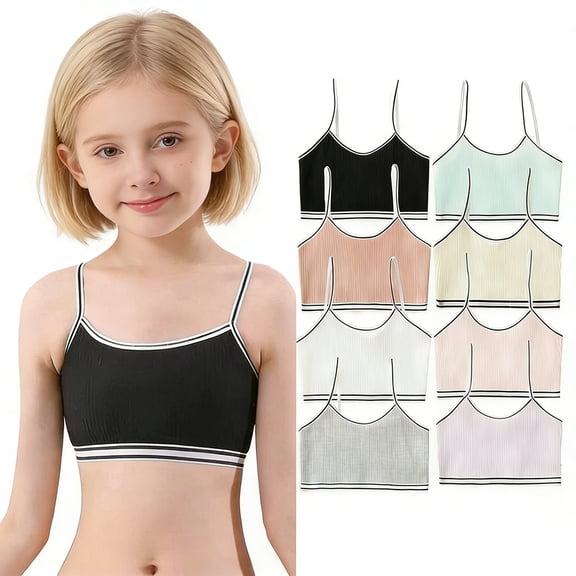Girls Cotton Training Bra Stretch Spaghetti Strap Cami Crop Bralette, Seamless Soft Breathable for Active Kids, Light Support Daily Wear