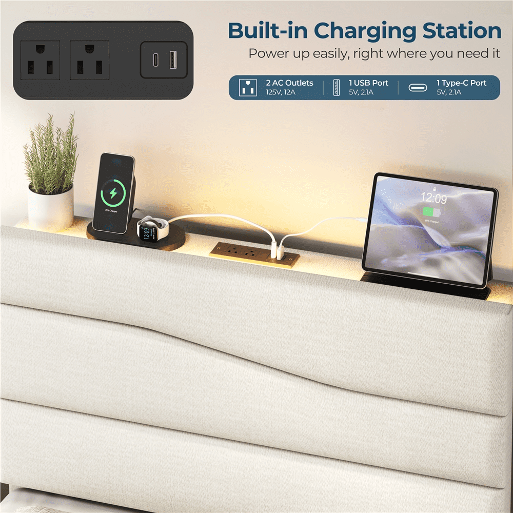 Renwick Twin Upholstered Bed Frame with Charging Station, Beige