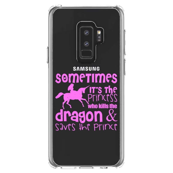 DistinctInk Clear Shockproof Hybrid Case for Samsung Galaxy S9  PLUS (6.2" Screen) - TPU Bumper Acrylic Back Tempered Glass Screen Protector - Sometimes It's the Princess Who Kills the Dragon