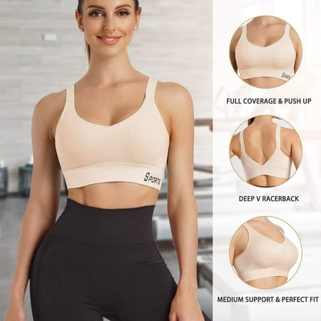 

Nebility Racerback Sports Bra for Women Light Support Wirefree Padded Comfort Yoga Bra Seamless Workout Gym Fitness(Beige Large)