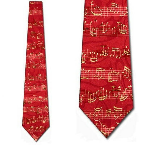 Gold Music Notes on Staff Red Necktie Mens Tie by