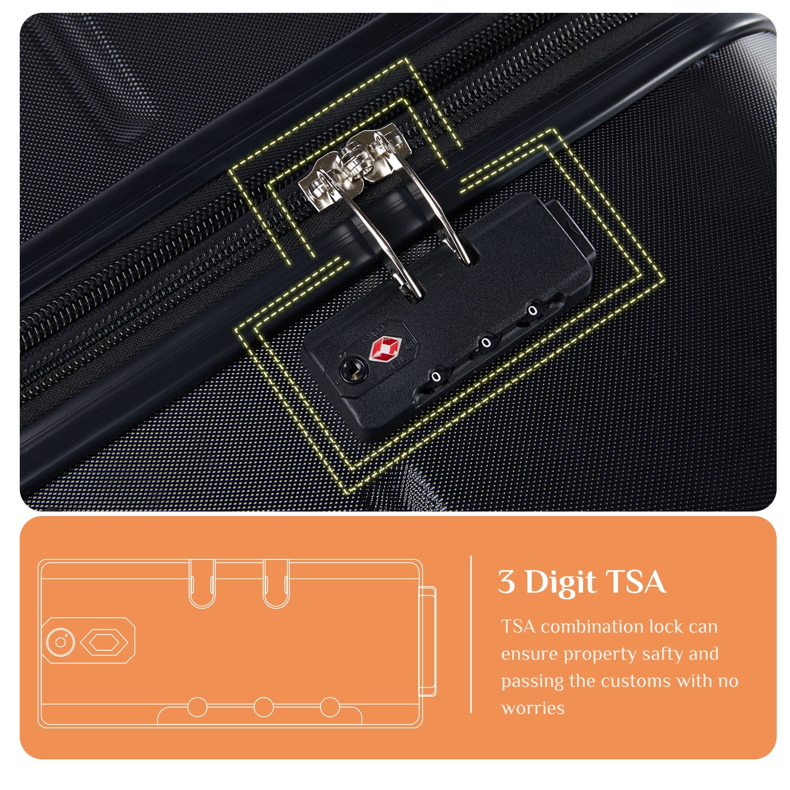 JIOABL 3 Pieces Carry On Luggage Expandable Hardside Suitcases with Rolling Spinner Wheels & TSA Lock, Black
