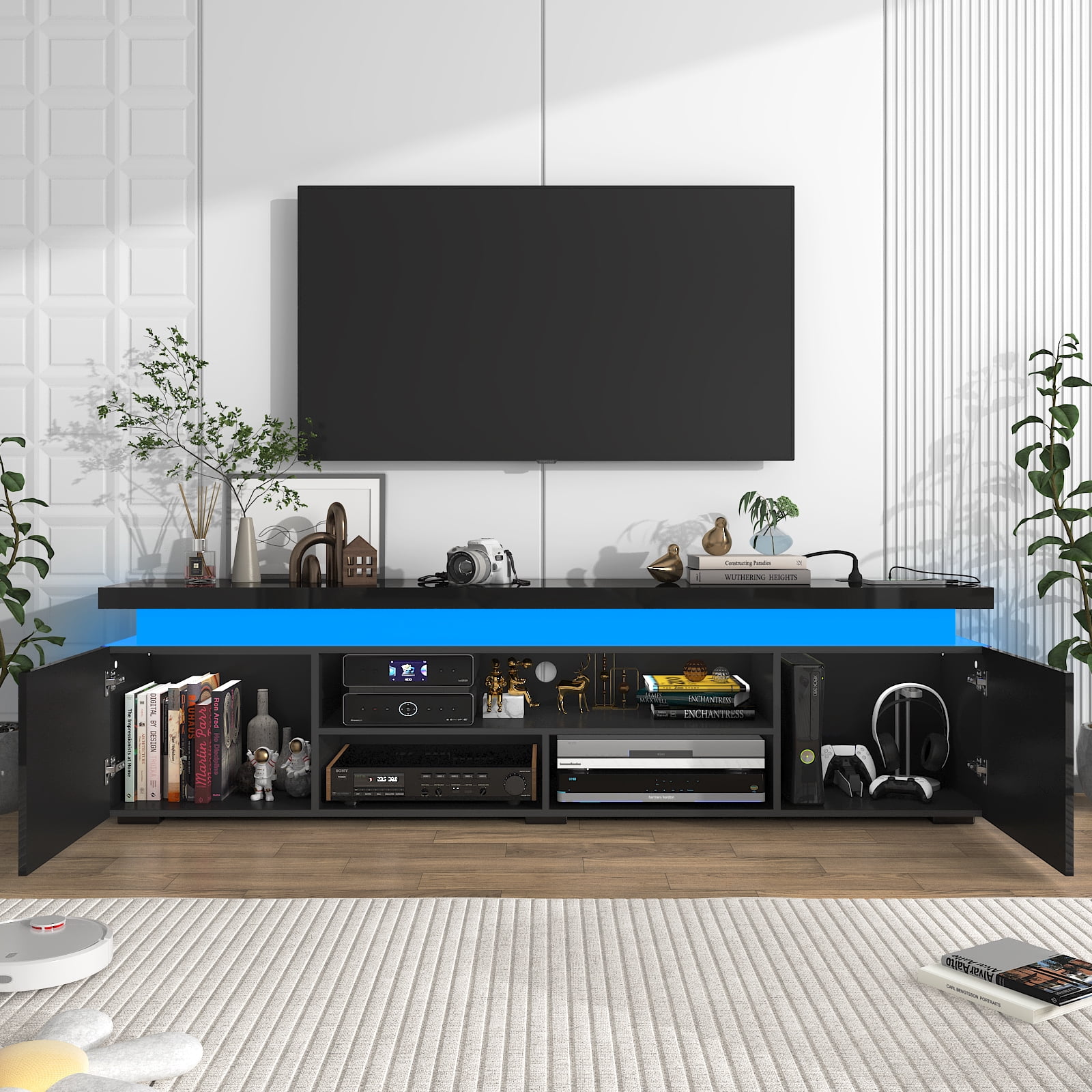 LED TV Stand for up to 85" TVs with Power Outlet, 75" Large Entertainment Center Console Table Gaming Soundbar Shelf with 2 Storage Cabinets