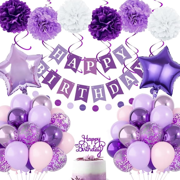Purple Birthday Decorations for Women Girls,Purple Banner Balloons Pompom,Happy Birthday Decorarions with Garland,Balloon Kit for Birthday