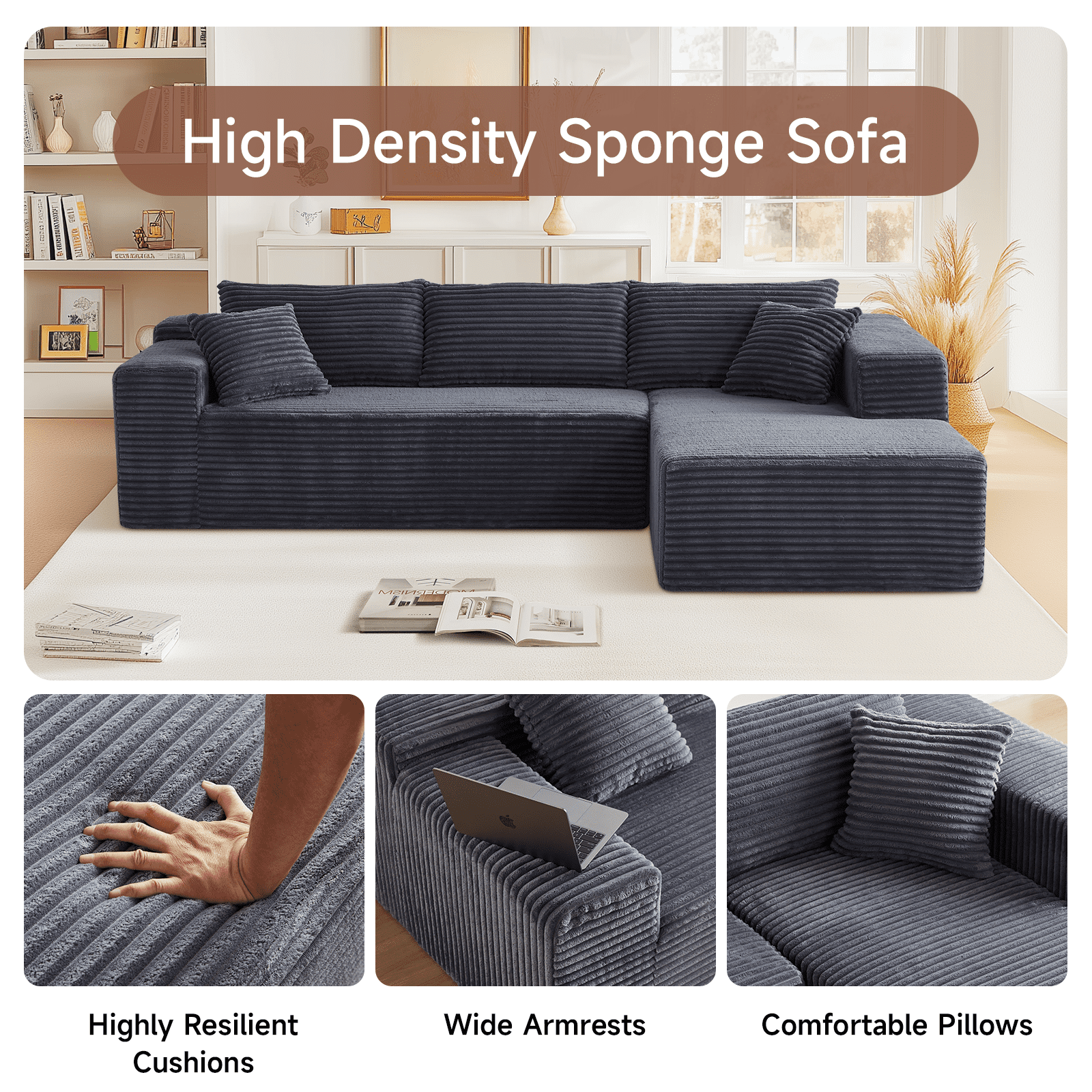 104" Modular Sectional Sofa, Flannel Modern L-Shaped Cloud Couch with Chaise Lounge & Pillows, Compressed Sofa with Upholstered High-Density Sponge, Corner Sofa for Living Room Bedroom Apartment