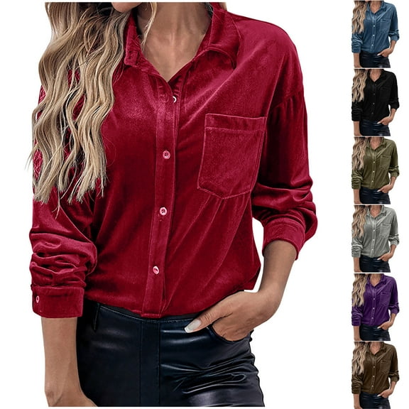 jobturf Velvet Tops for Women Party Long Sleeve Button Down Shirts Fall Winter Going Out Basic Tees Dressy Casual Collared Blouses with Pocket