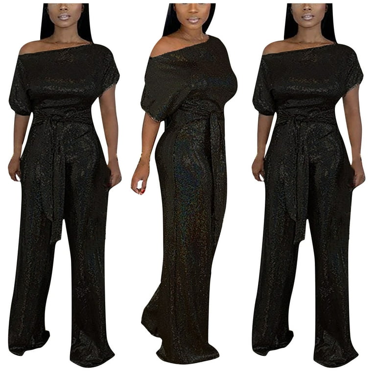 SELONE Plus Size Jumpsuits for Women Evening Party Wedding Guest Wide Leg  Pants Sparkly Ladies Travel Comfortable 2023 Vacation Fancy Jumpsuits  Jumpers and Rompers Casual Magic Color Black XXL 