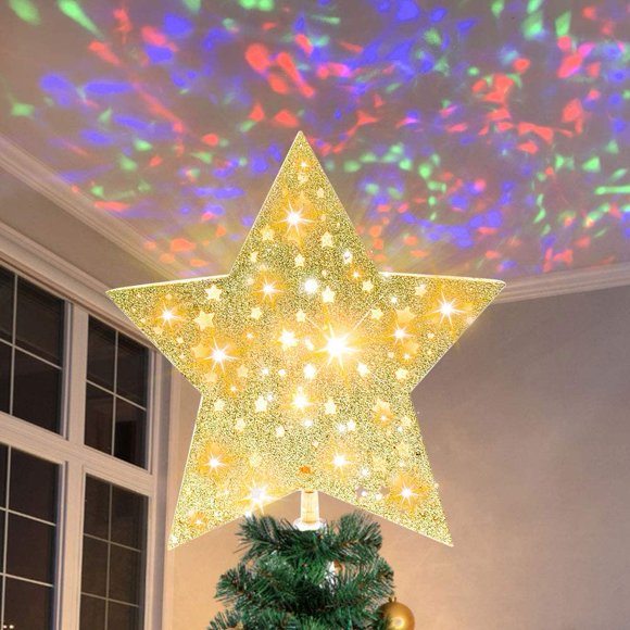 Estrella de árbol de Navidad iluminada, proyector de decoración de árbol de Navidad, decoraciones de árbol de Navidad iluminadas multicolores con brillo hueco 3D