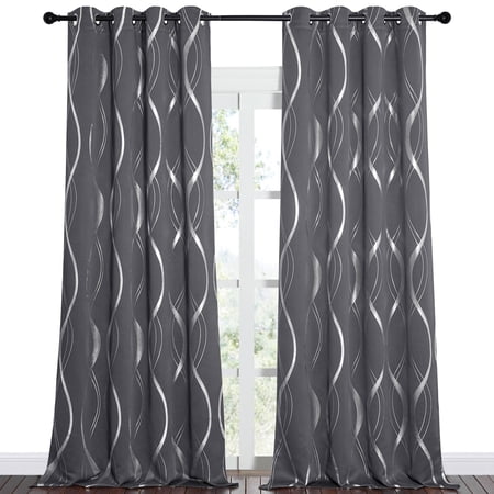 nicetown blackout curtains for bedroom thermal insulated solid grommet top foil printed wave lines blackout panels/draperies for living room grey 52x108 inch 2 panels