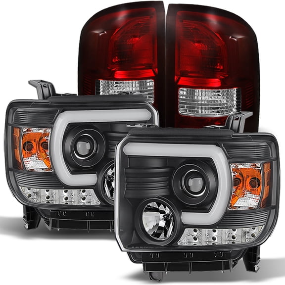 AKKON - For [C Shape LED Tube] 14-17 Sierra 1500 2500HD 3500HD Black Bezel Projector Headlights   Red Lens Tail light Set