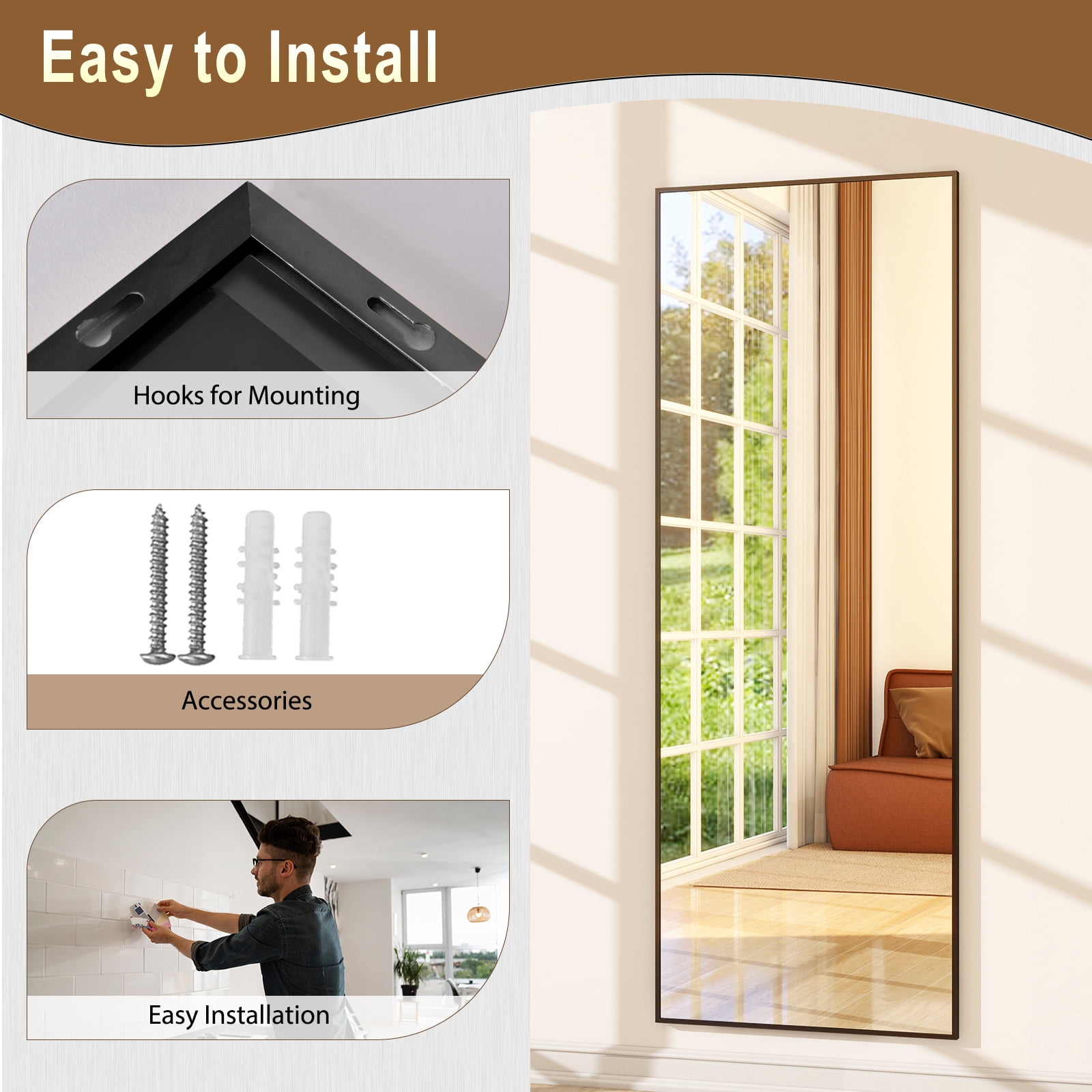 AUROMIR 16"x59" Rectangle Full Length Mirror Full Body Floor Mirror, Black