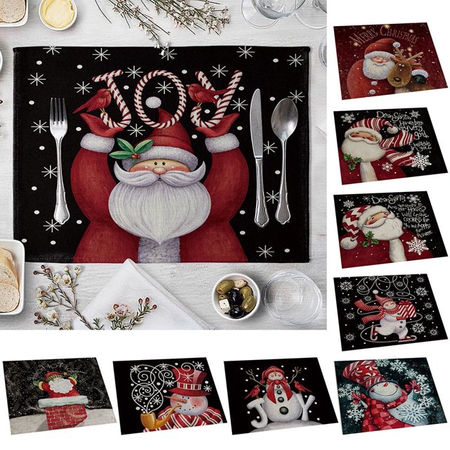Christmas Santa Elk Snowman Placemat Pad, Heat Resistant Washable Clean Kitchen Place Mat for Dinging Home Office Decor