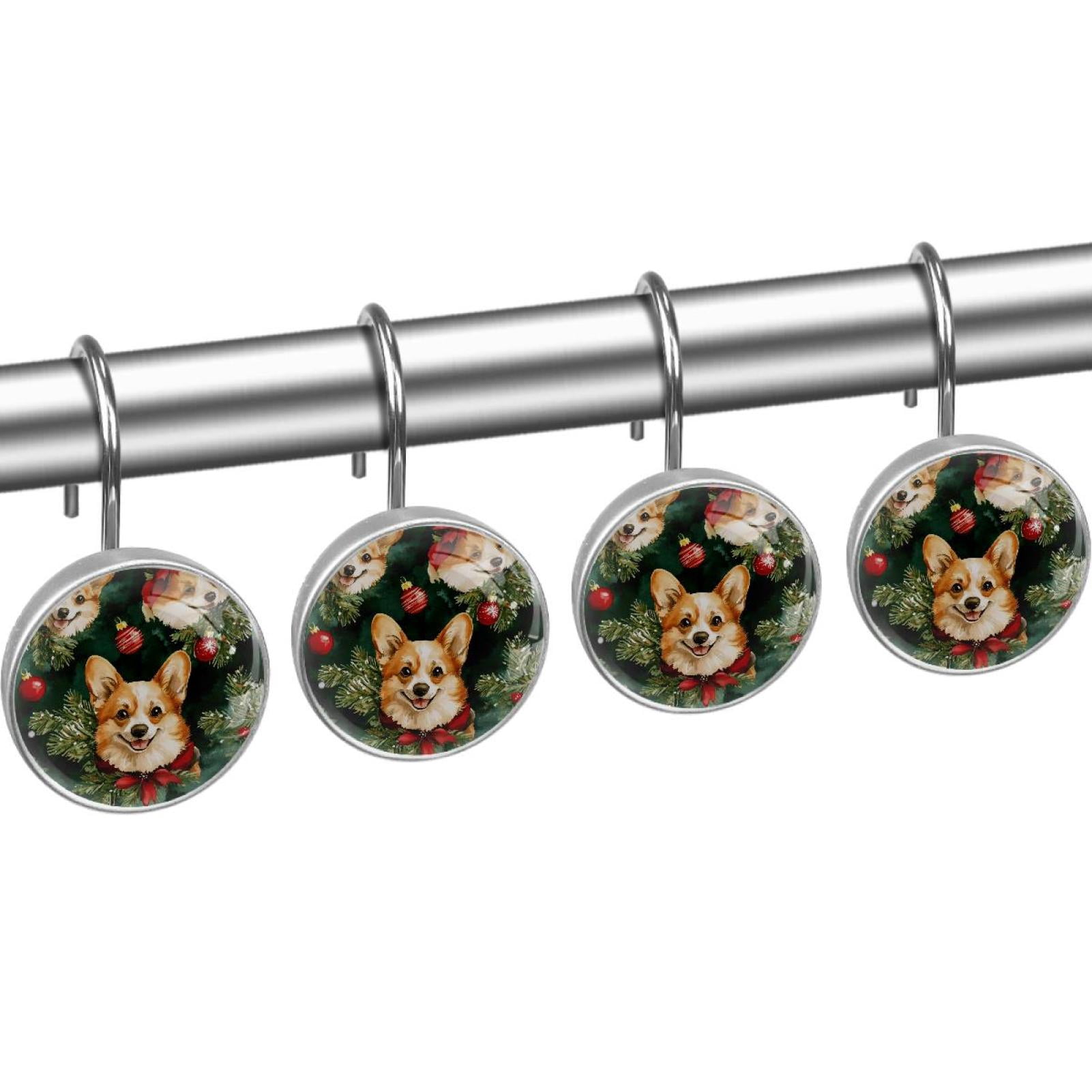 Christmas Corgis and Bells Shower Curtain Hooks Round Crystal Glass, Set of 12 Shower Curtain Rings - Shower Hooks for Curtain Shower Rings