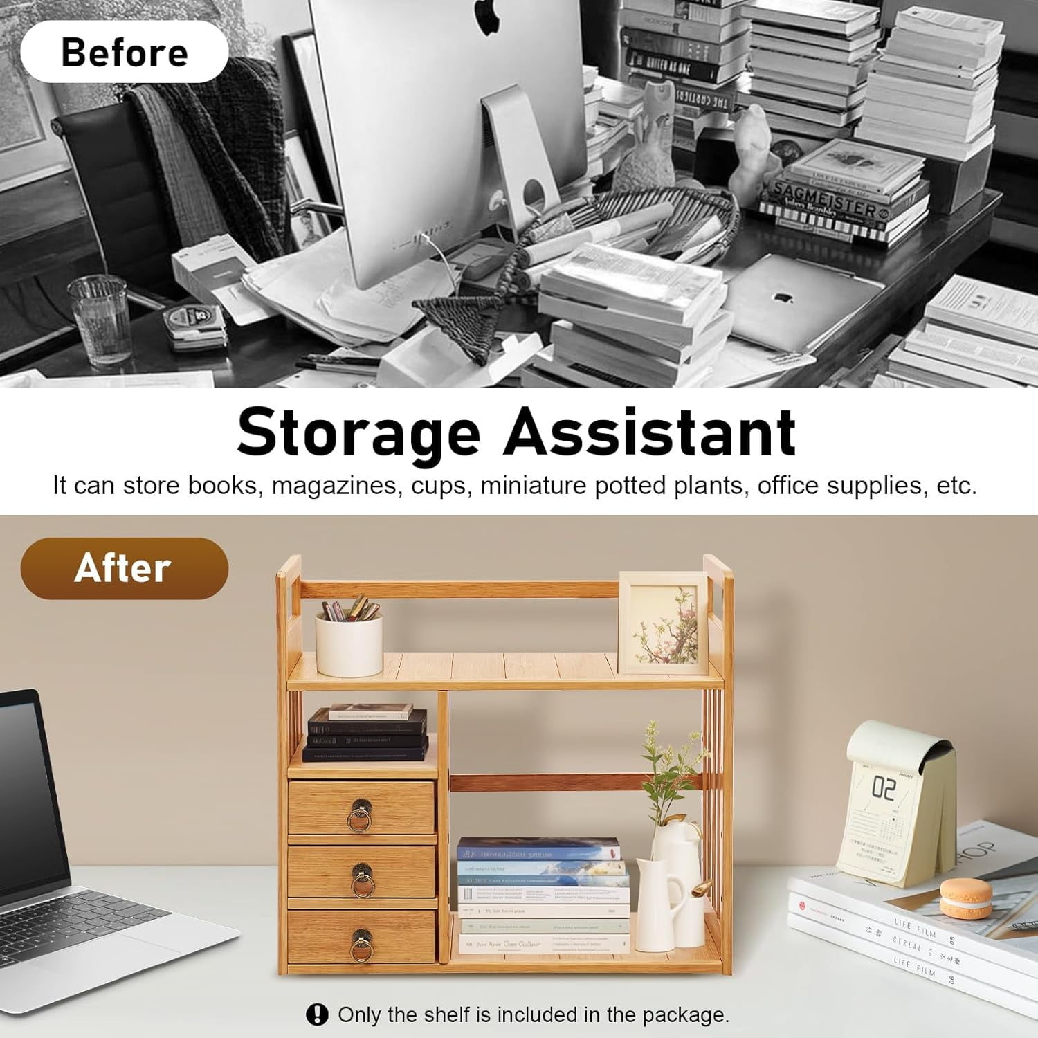 3-Tier Bamboo Desktop Storage Shelf Desk Storage Hutch 3 Drawers Desktop Display Rack Office Storage Rack for Home Office Dorm