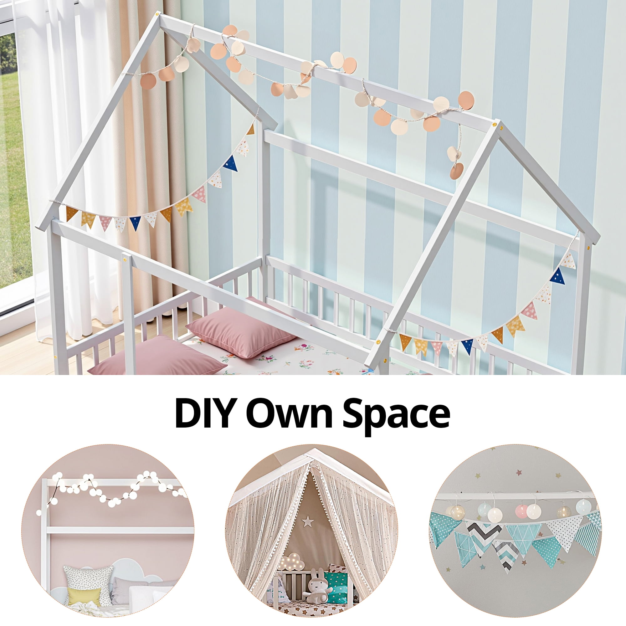 Full Size Floor Bed with Fence Guardrails for Kids, Montessori Bed Playhouse Bed with Roof, No Slats Included (White)