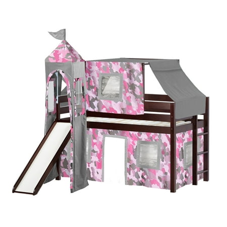 Jackpot Princess Low Loft Bed with Slide Pink Camo Tent and Tower, Loft Bed, Twin, Cherry