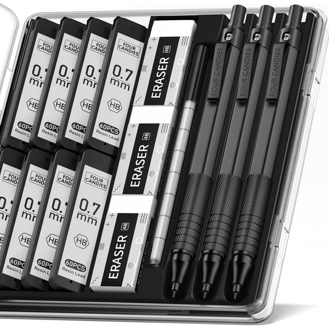 czcpp-0.7mm Mechanical Pencil Set with Case, 3PCS Metal Artist Lead Pencil with 8 Tubes (480PCS) HB Lead Refills, 3 Erasers, 9 Eraser Refills For Engineer Art Writing Drawing Drafting, Black
