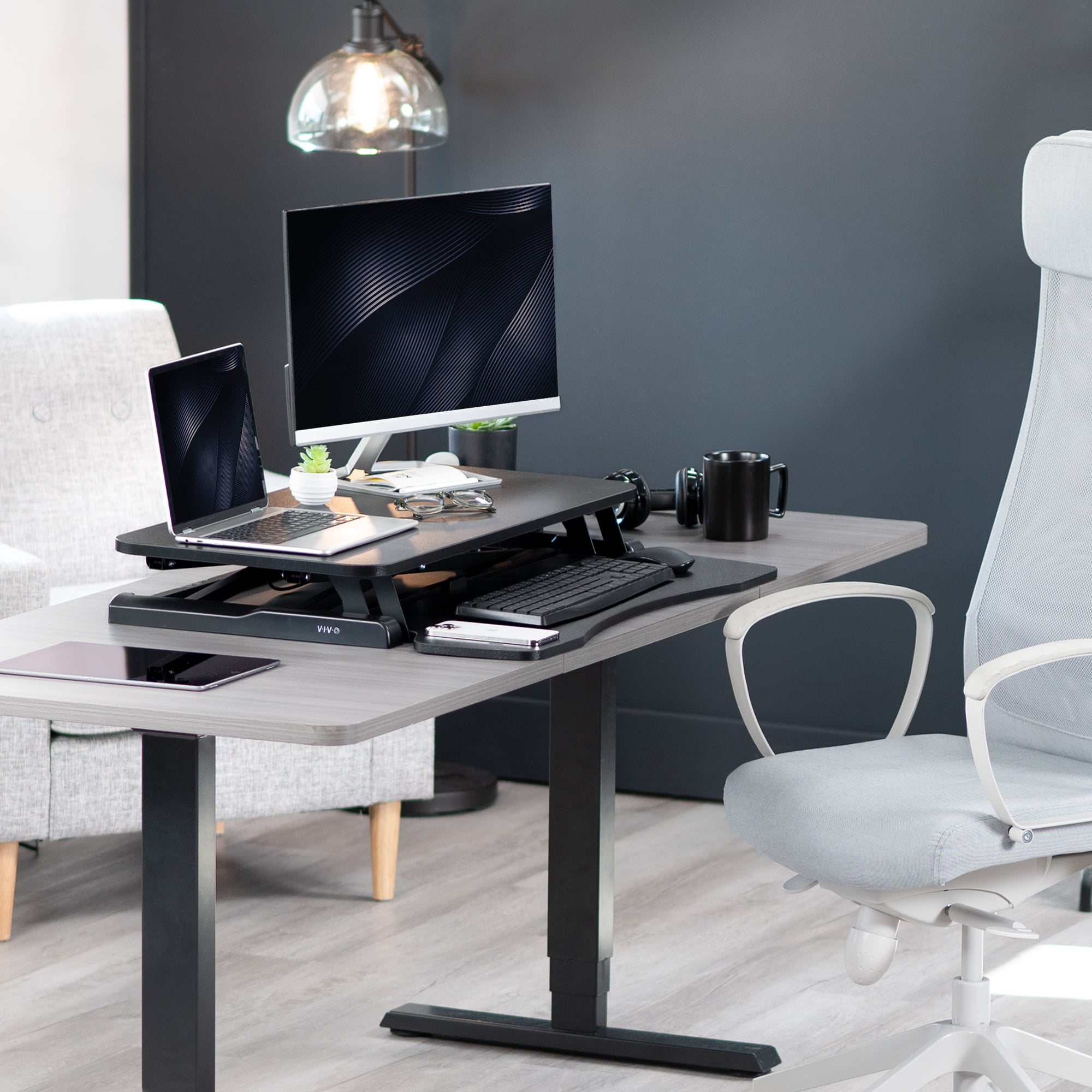 VIVO Black Height Adjustable Standing Desk Monitor Riser 32" Sit Stand Tabletop