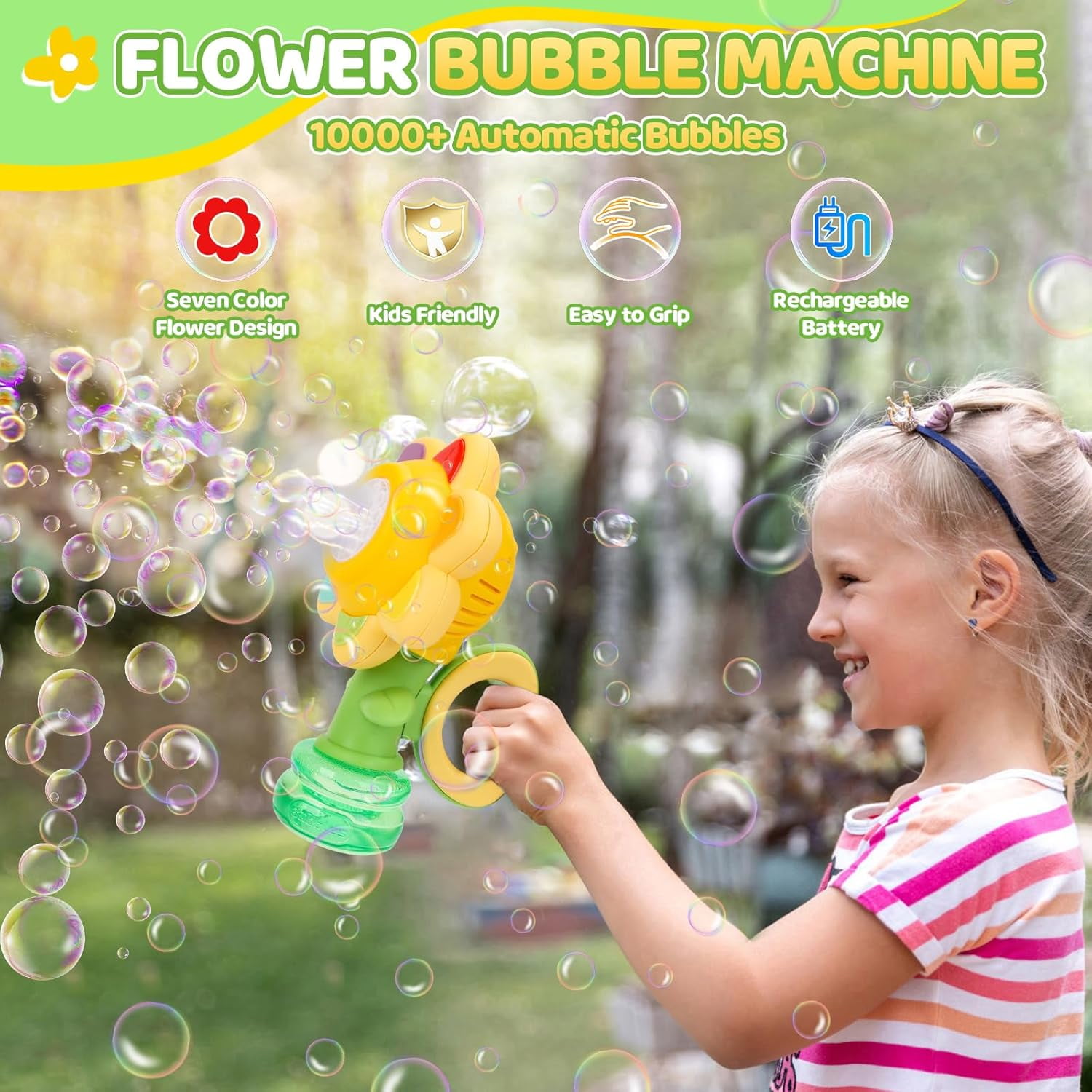 HYPERLIVING Jovicos Bubble Machine for Kids, Rechargeable Dancing Sunflower Bubble Maker, Light Up Automatic Bubble Blower Toys for Baby Childrens Girls Gift, Bubble Blaster Party Favors