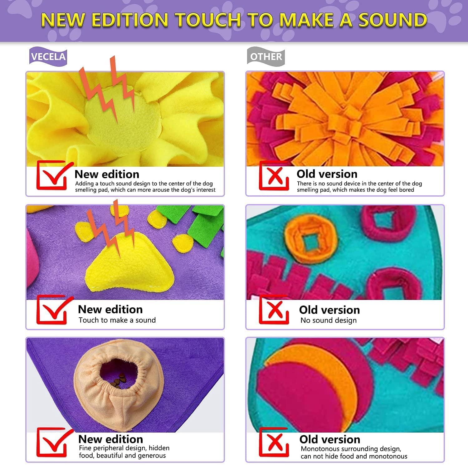 28.3" Pet Snuffle Foraging Mat, Dog Mental Puzzle Interactive Stimulation Toys for Smell Training and Slow Eating, Stress Relief for Feeding, Purple