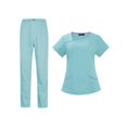 thumbnail image 3 of Conjuntos de uniforme médico para mujer, uniforme de enfermera de verano, manga corta, top y pantalones suaves. Azul claro medio, 3 of 9
