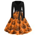 thumbnail image 2 of Women's Halloween Dress Ghost Skeleton V Neck 1950s Hepburn Casual Dress Long Sleeve Cocktail Vintage Funny Tea Length Dress with Belt XL, 2 of 5