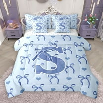 Castle Fairy Monogrammed Letter Initial S 7-Piece Twin Bedding Sets for Children Women Teens,Kawaii Blue Bow Bedding Comforter Set,Dreamy Princess Breathable Sheet Sets,Super Cozy Room Decor