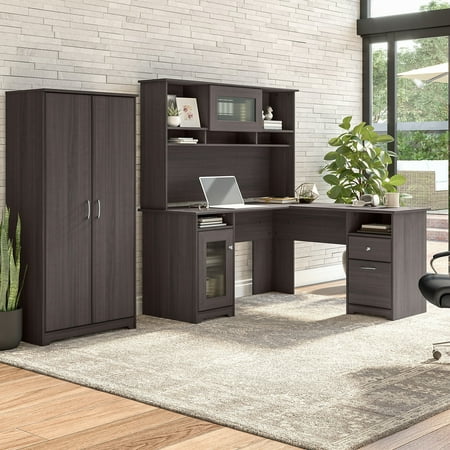 UPC: 0042976158309 | Bush Furniture Cabot 60W L-Desk with Hutch and Tall Storage Cabinet by Heather Gray Chrome Finish