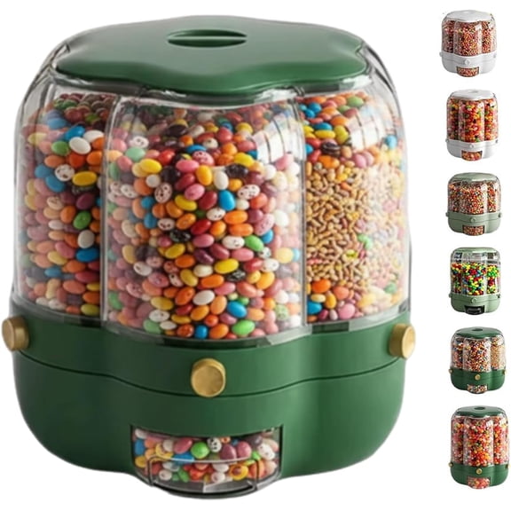 Candy Dispenser 360°Rotating with 6 Compartments, Multi Spinning Candy Dispenser Carousel, Sealed Storage Container One-Button Dispensing for Snacks, Candies, Coffee Beans