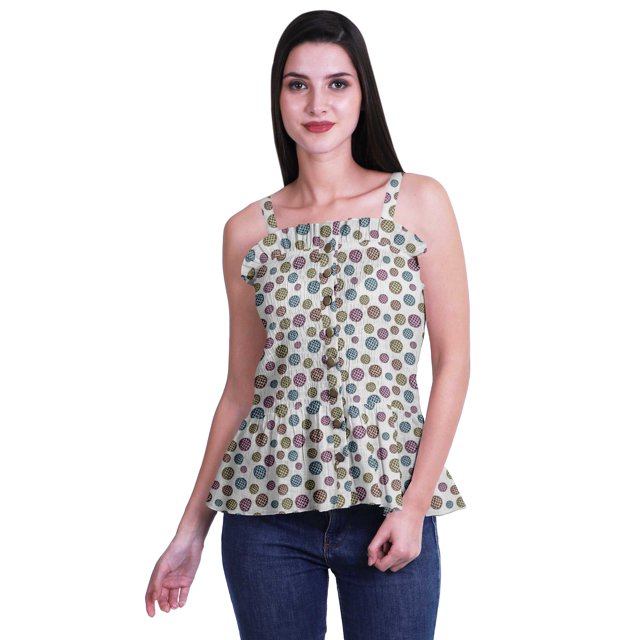 Moomaya Printed Casual Frill Smoked Full Buttoned Closure Women Fitted Crop Top