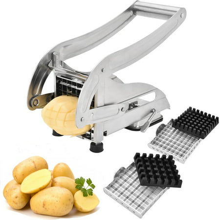 Coolmade French Fry Cutter, Stainless Steel Potato Slicer Veggies Chopper and Dicer Potato Fries Maker with 2 Size Interchangeable Blades and Strong-Hold Suction
