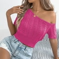 thumbnail image 4 of JGGSPWM Womens Crochet Hollow Off The Shoulder Knit Tops Short Sleeve Spring Summer Trendy Sweaters Hot Pink XL, 4 of 8