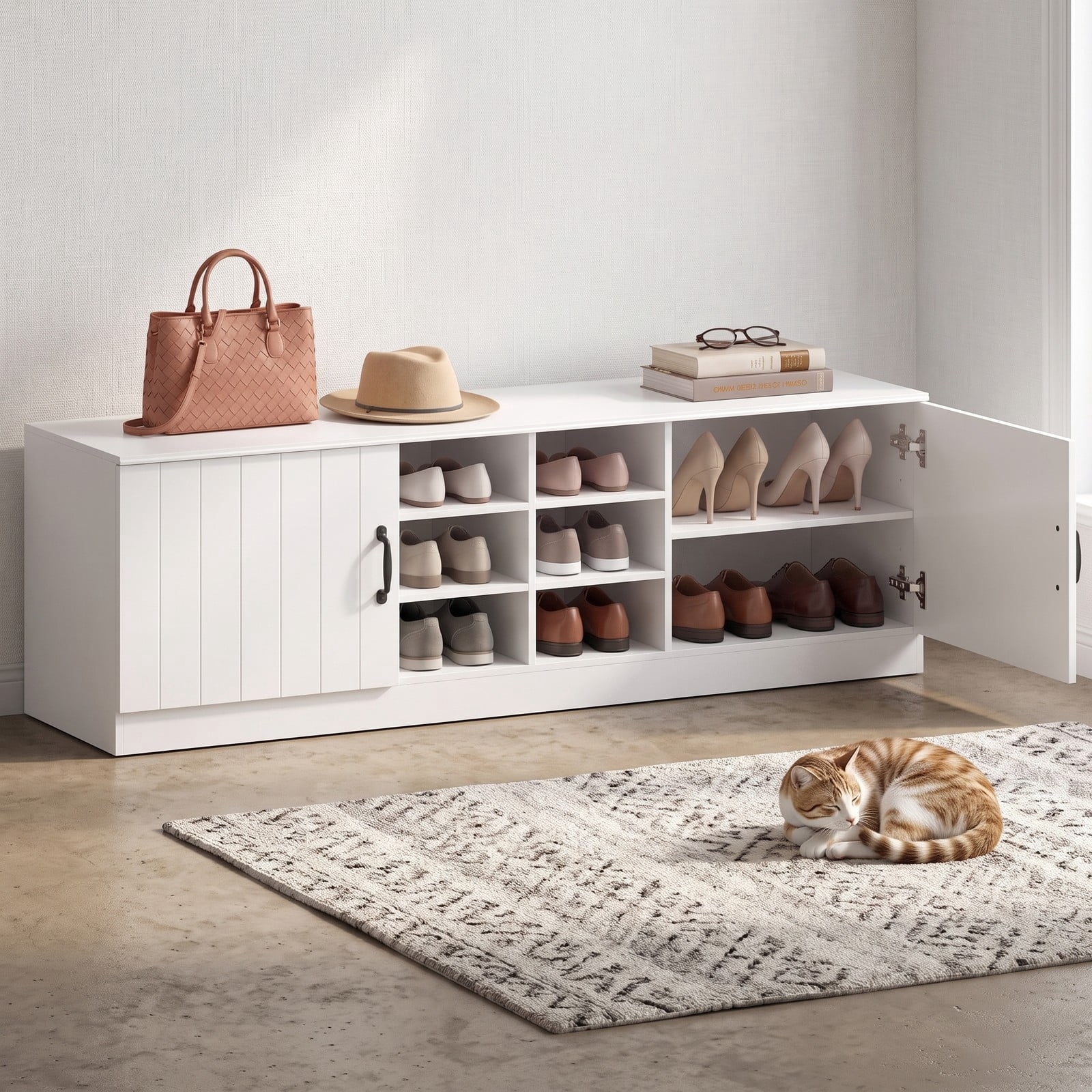 Furnibear 59 Inch 2-Door Shoe Bench Storage Cabinet with 6 Compartments and Adjustable Shelves for Entryway and Hallway, White