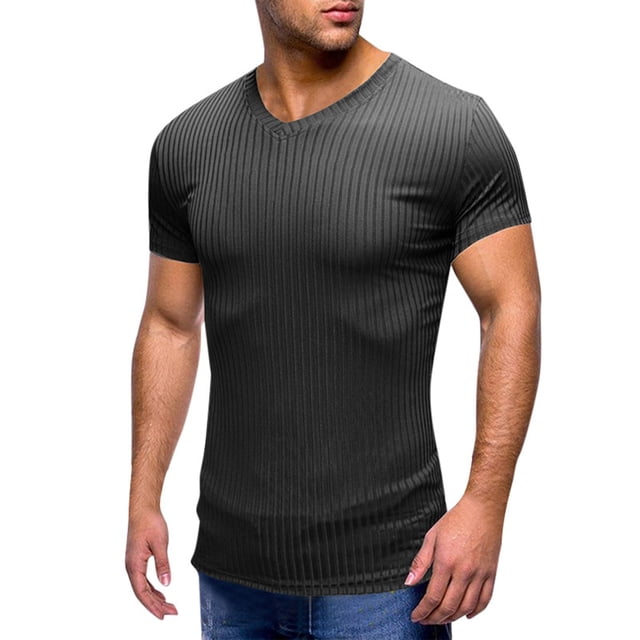 Camiseta de cuello en V ajustada para hombre: camiseta elástica de manga corta para culturismo, 95 % poliéster, 5 % elastano, tejido de canalé para el gimnasio y el entrenamiento.