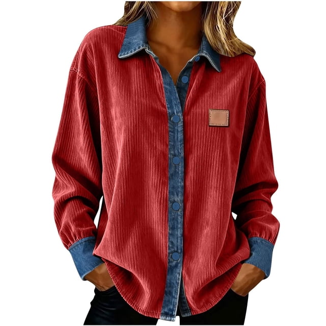 Camisas de retales de mezclilla for mujer, camisa con botones de solapa, blusa informal de negocios de manga larga con bloques de color sueltos
