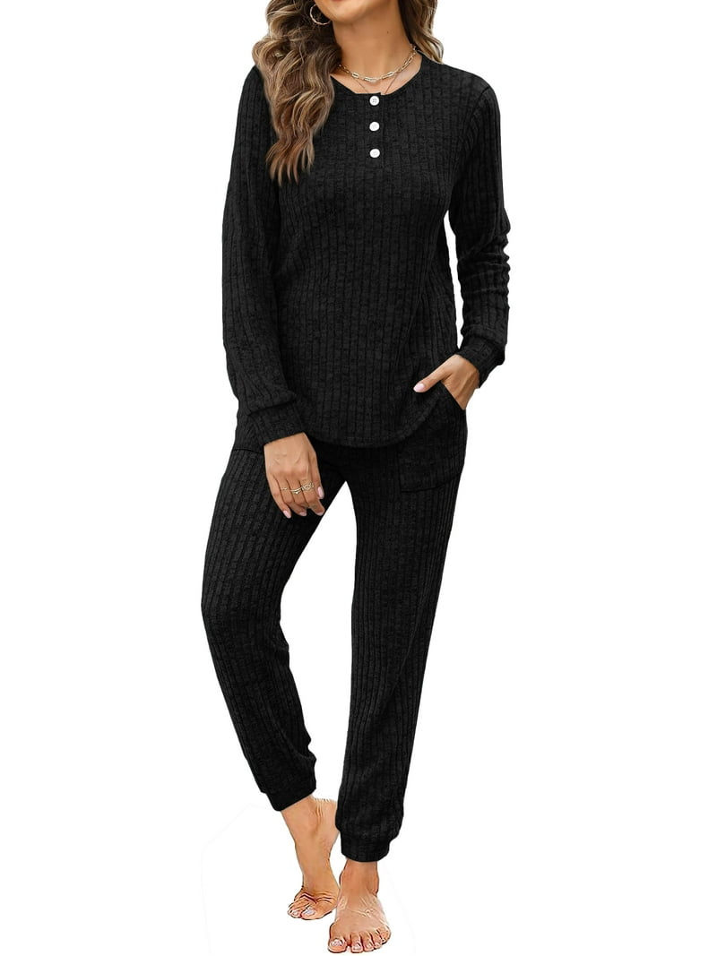 LUBOT Women's Pajama Set – Button-Down Shirt & Pants | Viscose Blend | XL Black Lounge Wear