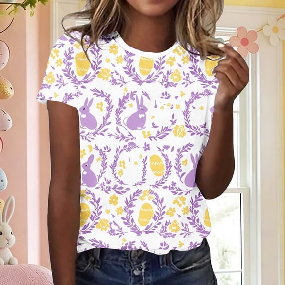 Easter Shirt for Women Vintage Rabbit And Floral Wreath Graphic T-Shirt Short Sleeve Crewneck Casual Style Festival Apparel Easter Gift