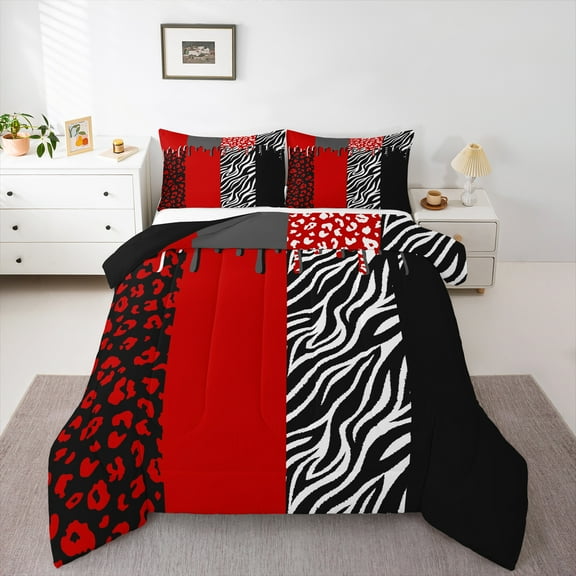 Homewish Romantic Valentines Day Bedding Comforter Set, Black Red Splash Twin Comforter Sets, Chic Leopard Zabra Print Reversible Bedding Set, Luxury Bedroom Decor, 2pcs