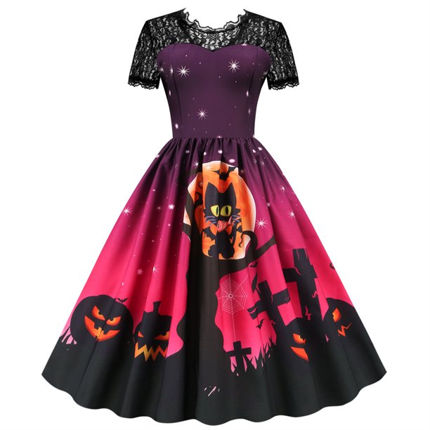 Vestido de Halloween retro de encaje, disfraces de mujer, manga corta, años 50 y 60, vestidos de fiesta vintage, ropa de Halloween aterradora con calavera y bruja para Cosplay