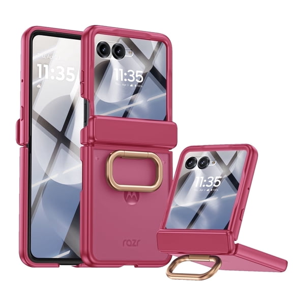 Vizvera for Samsung Galaxy Z Flip 7 Case with Ring Holder & Screen Protector & Hinge Protection,Wireless Charging,Skin Feel Matte PC,Shockproof Phone Case-Rose Red